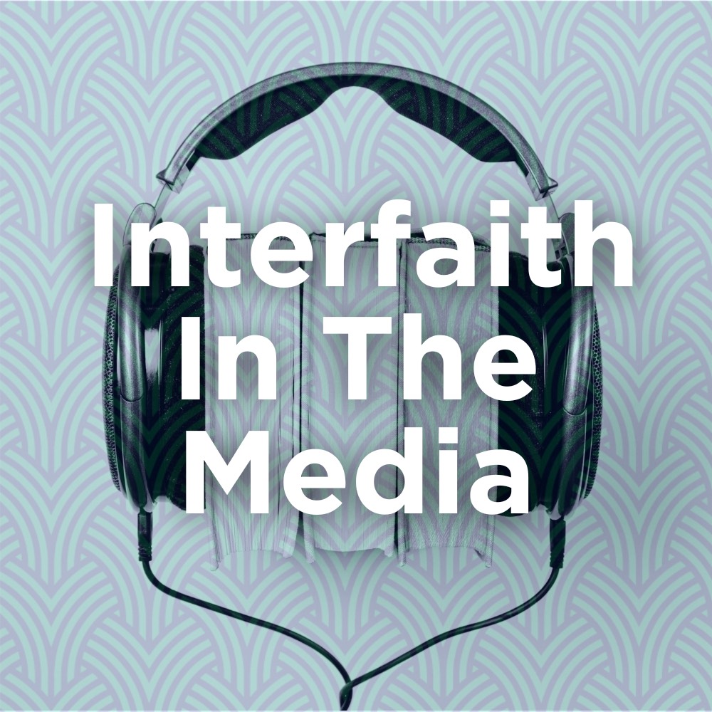 "Interfaith In The Media" in white with background of weave pattern and photo of headphones and books